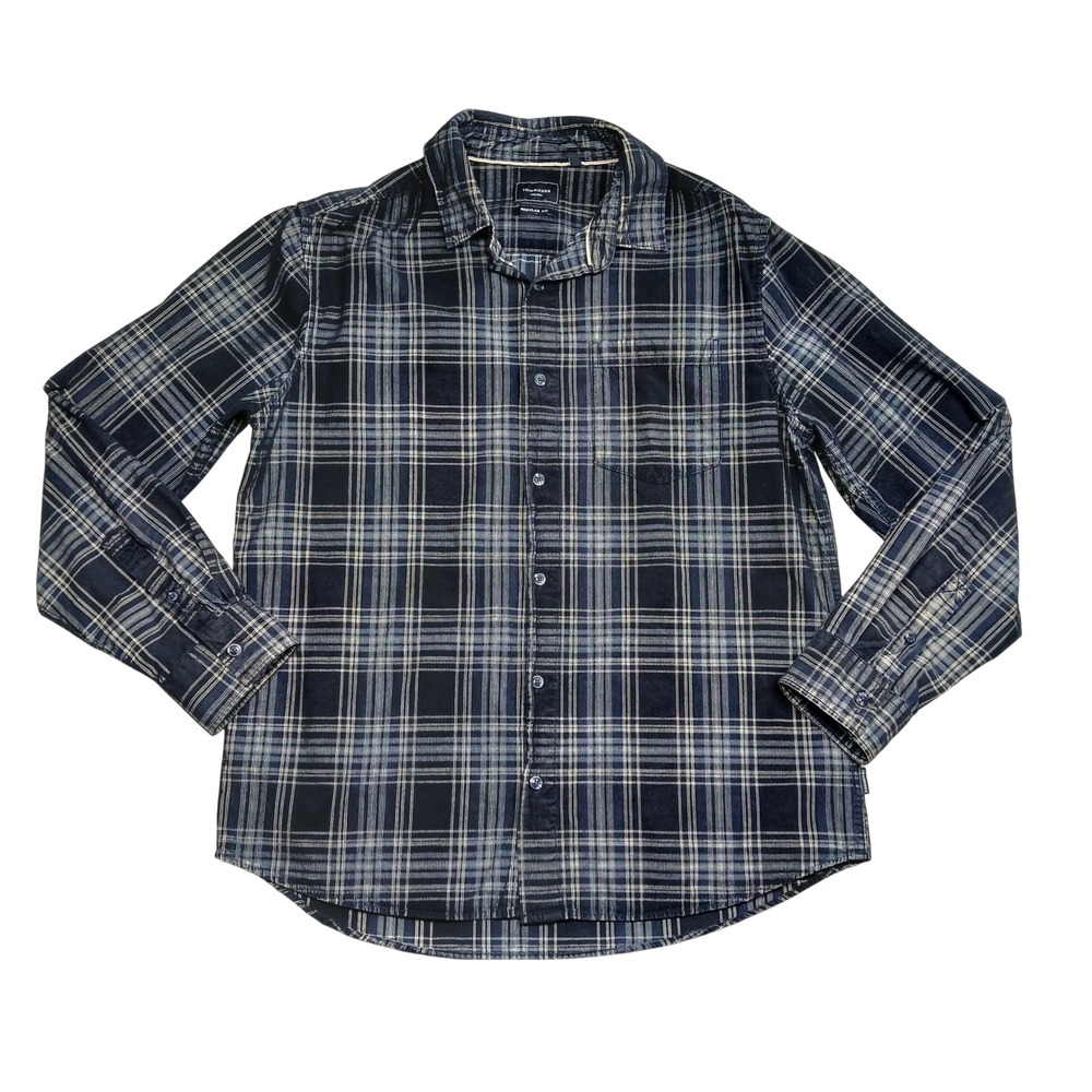 7Diamonds Mens‎ Navy Blue Plaid Corduroy Button Down Shirt Regular Fit L